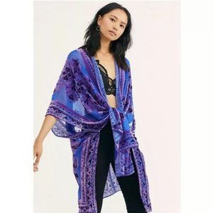 Free People Purple Floral Kimono velvet wrap cardigan Jacket unique!  Rare os